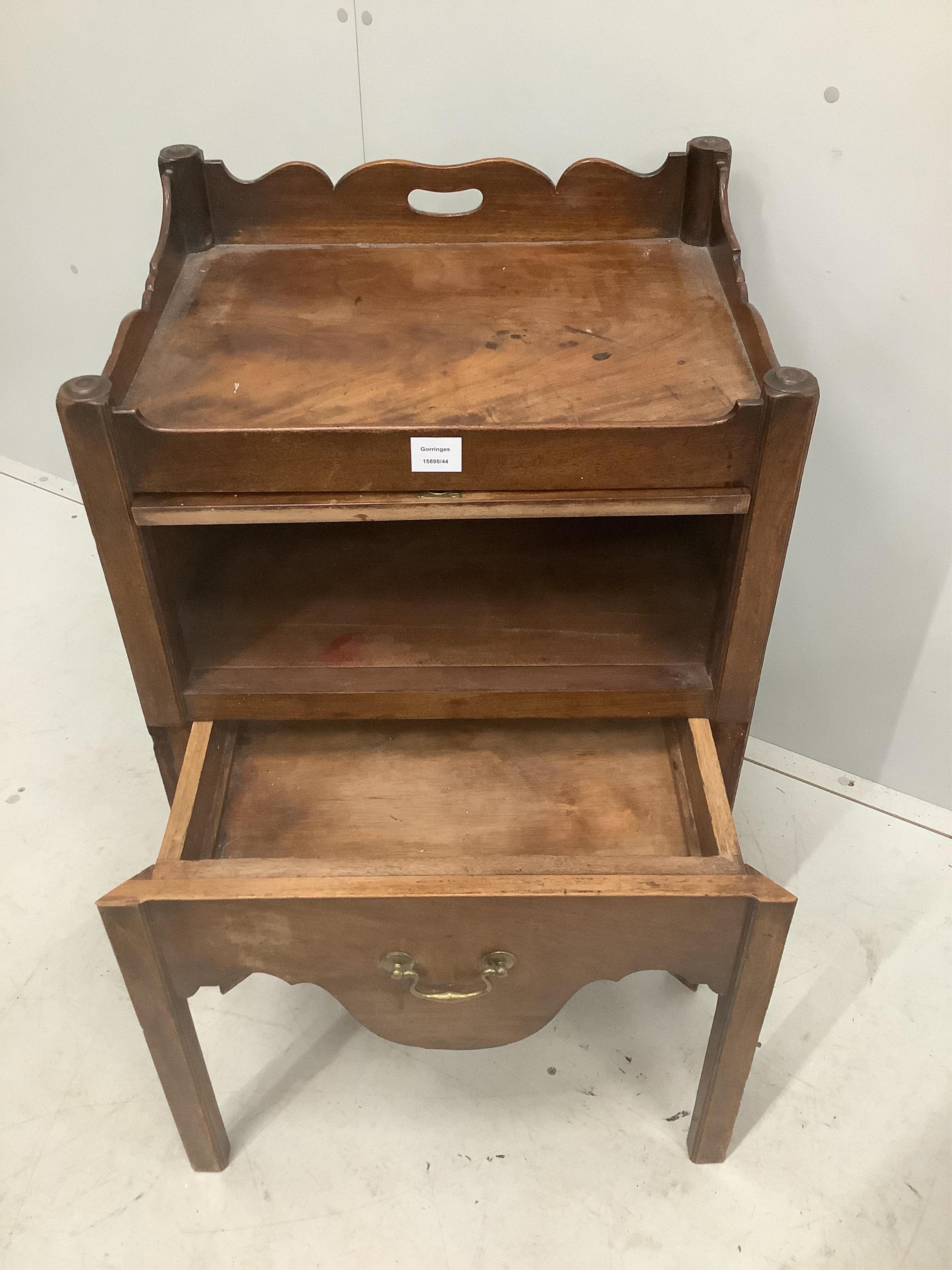 A George III mahogany tray top bedside cabinet, adapted, width 59cm, depth 46cm, height 86cm. Condition - poor to fair